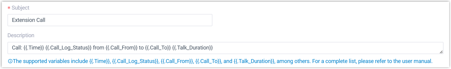 Fields for the subject and description of a synced call log