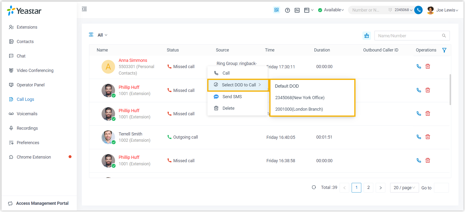 Cloud Voice, selecting a DOD to call from a call log entry's right-click menu