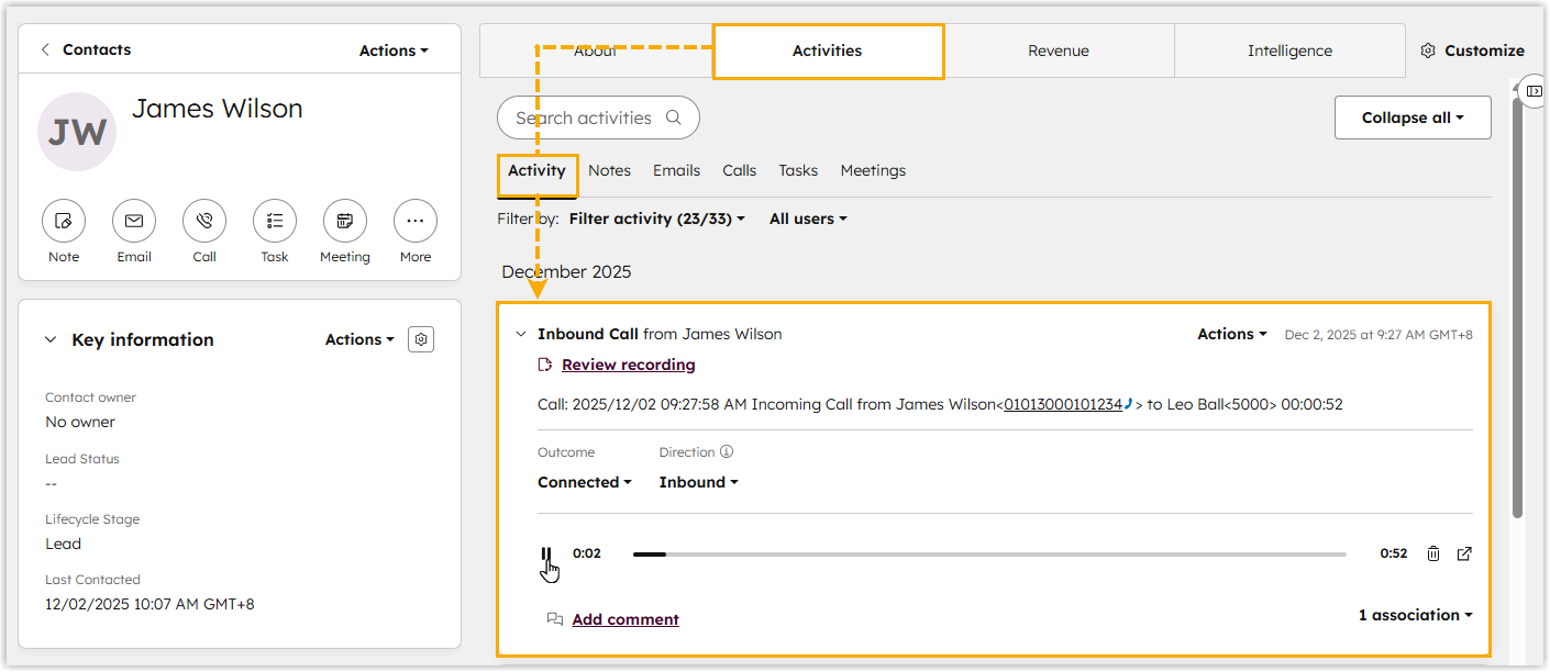 Call records listed under the Activity tab of a Salesforce contact