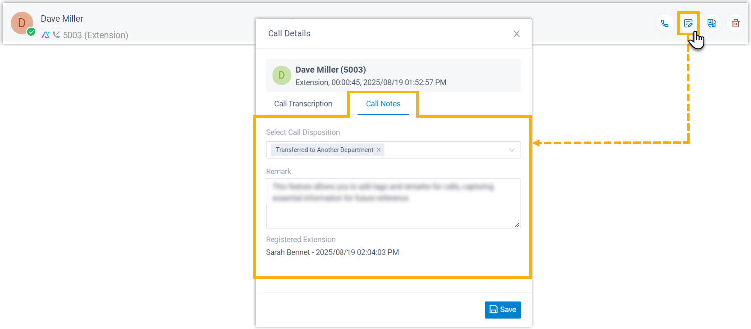Opening the note attached to a call log entry