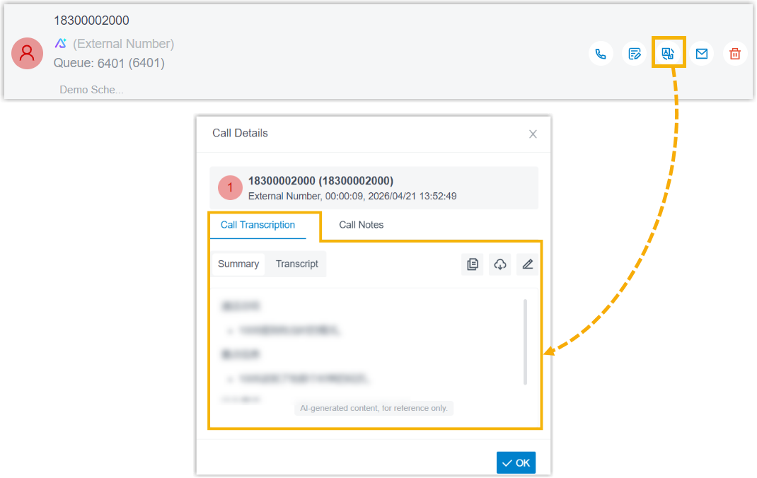 Call transcription window for an inbound queue call in the desktop app