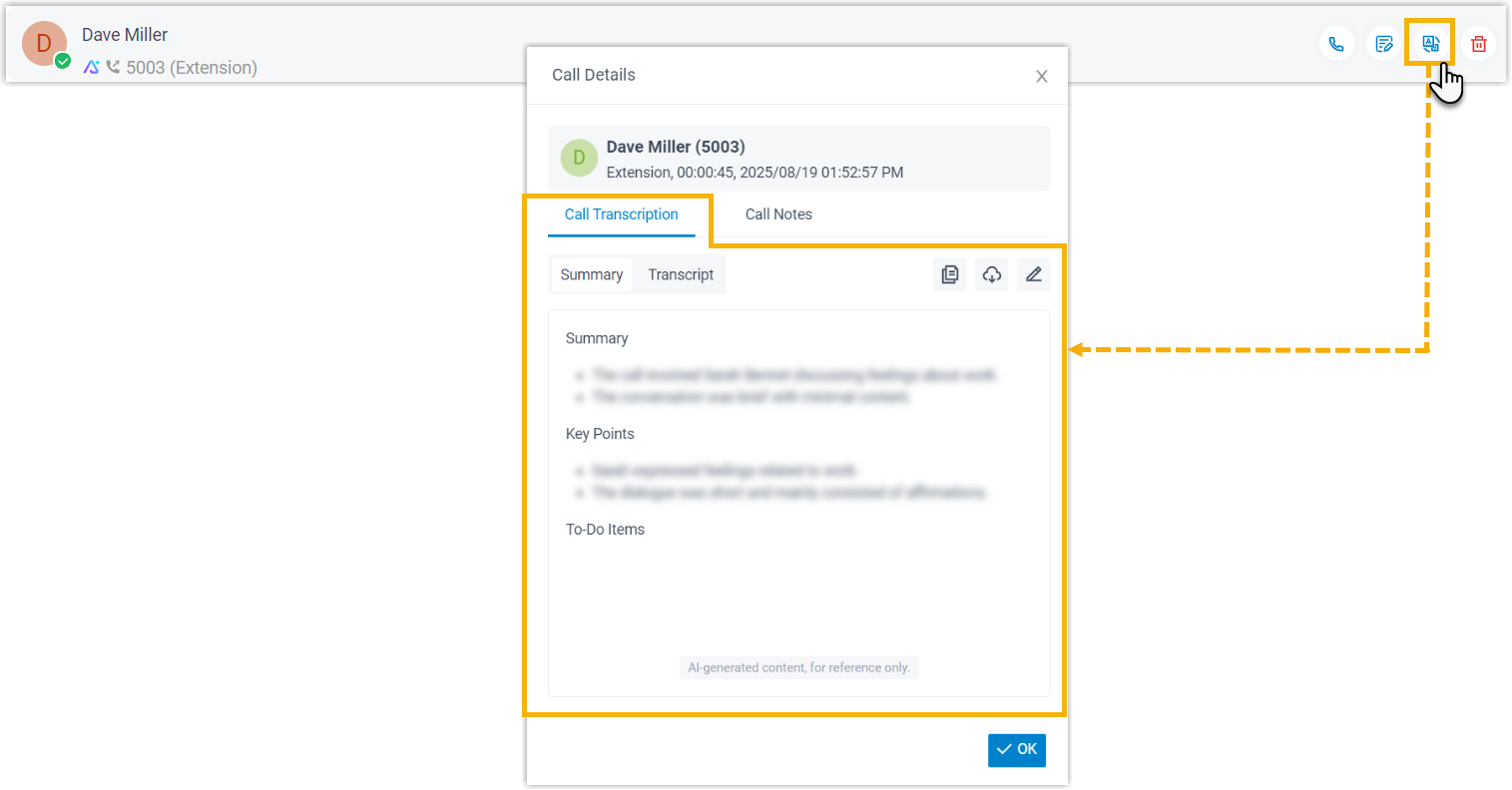 Reviewing the transcript and summary generated for a call