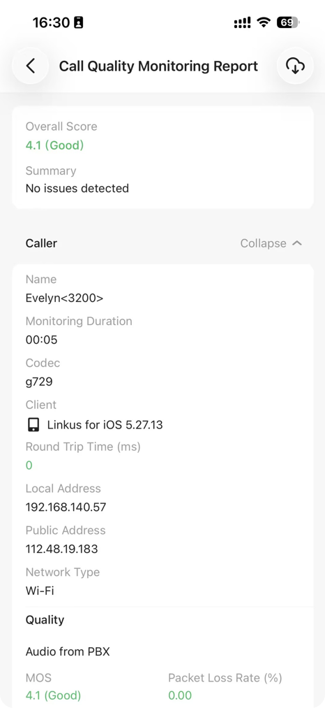 Cloud Voice, call quality report showing the overall score above the per-leg audio and network metrics