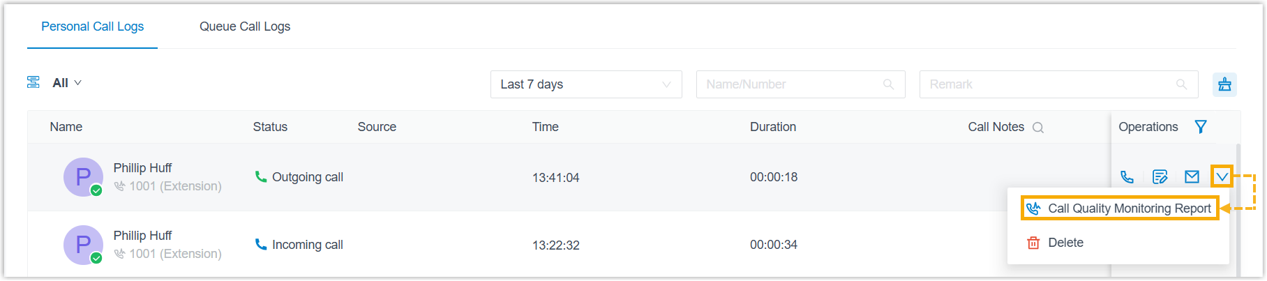 Selecting the Call Quality Monitoring Report option from the menu on a call log entry
