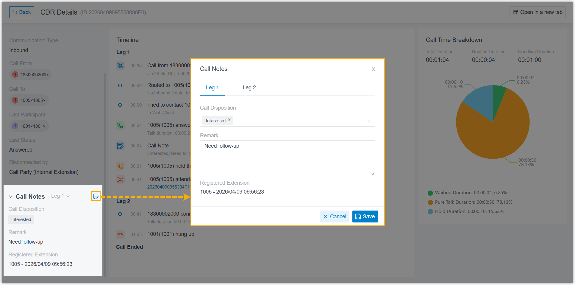 CDR details showing the tags and remarks saved for a call