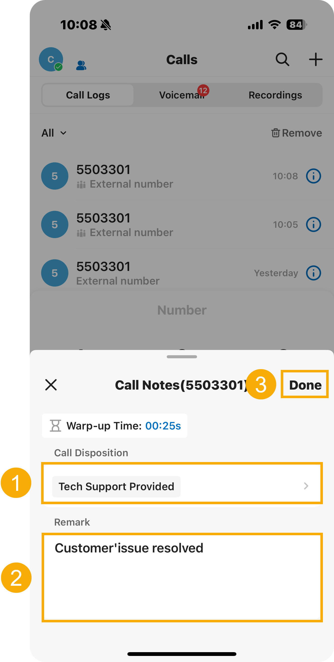 Mobile call notes panel shown automatically during wrap-up time