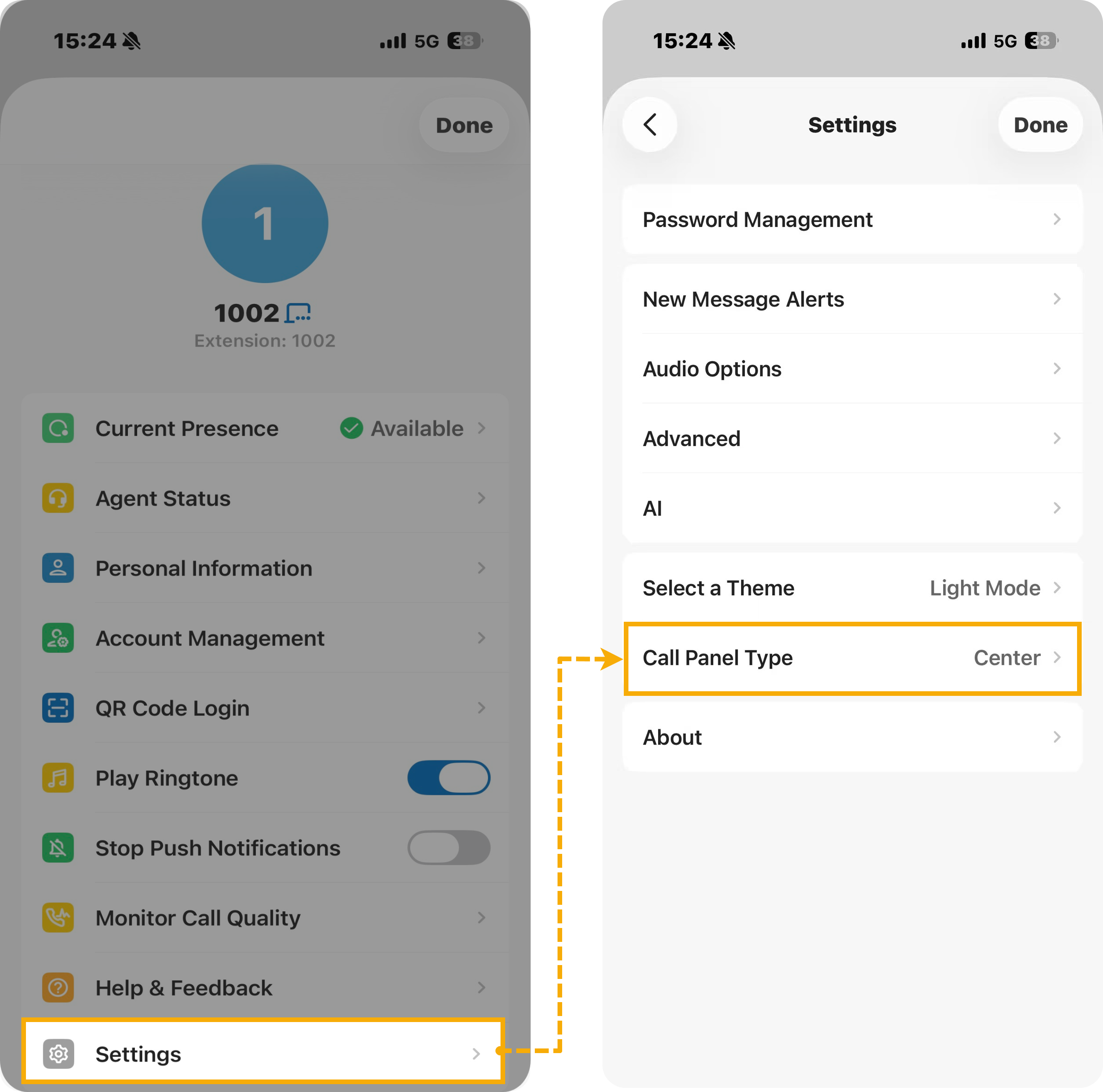 Navigating from Settings to the Call Panel Type option