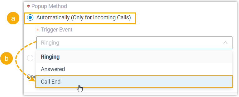 Choosing the call event that triggers the automatic contact pop-up