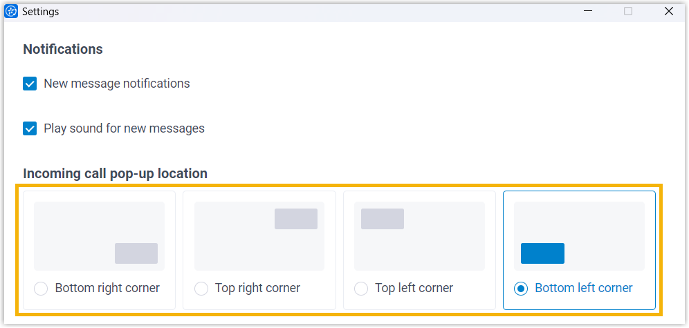 Choosing a corner for the incoming call pop-up in Settings