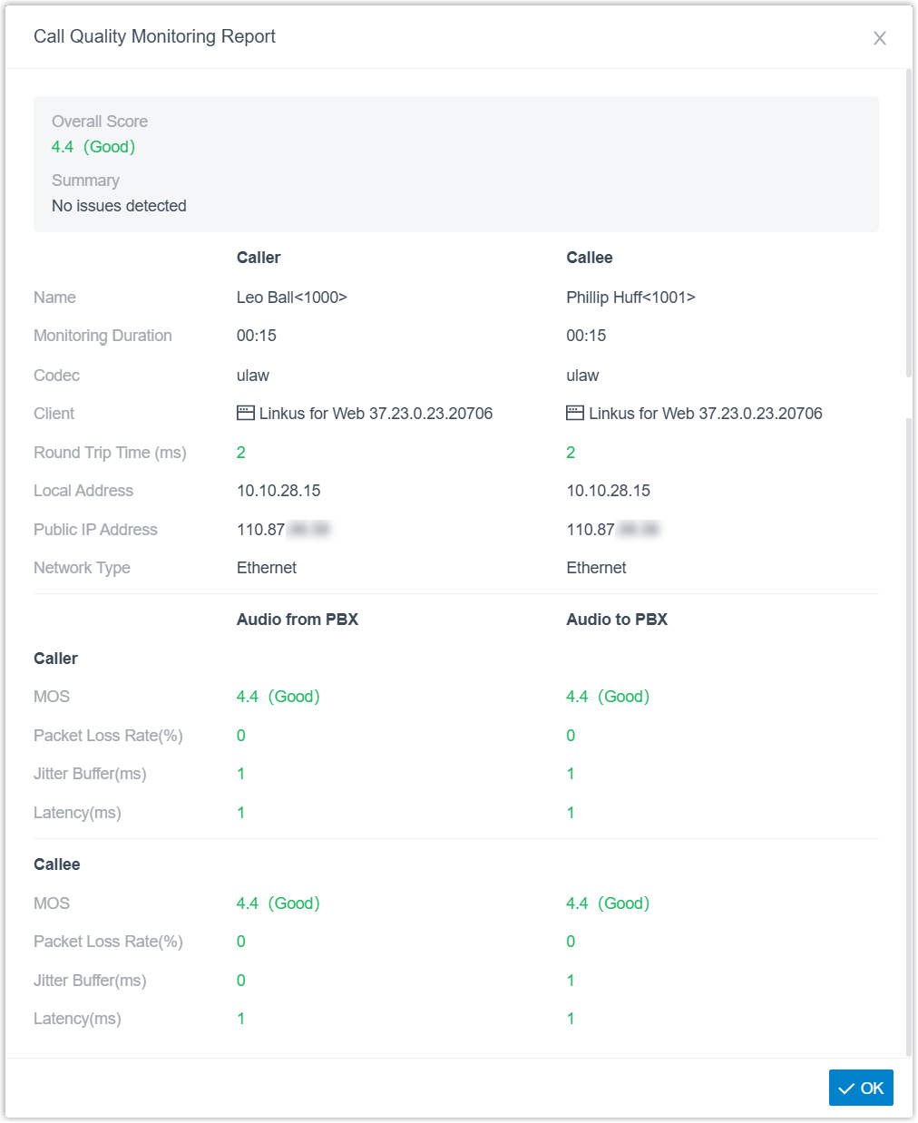 Cloud Voice, detailed call-quality metrics for a single call leg