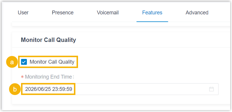 The Features tab of an extension showing the call quality monitoring options