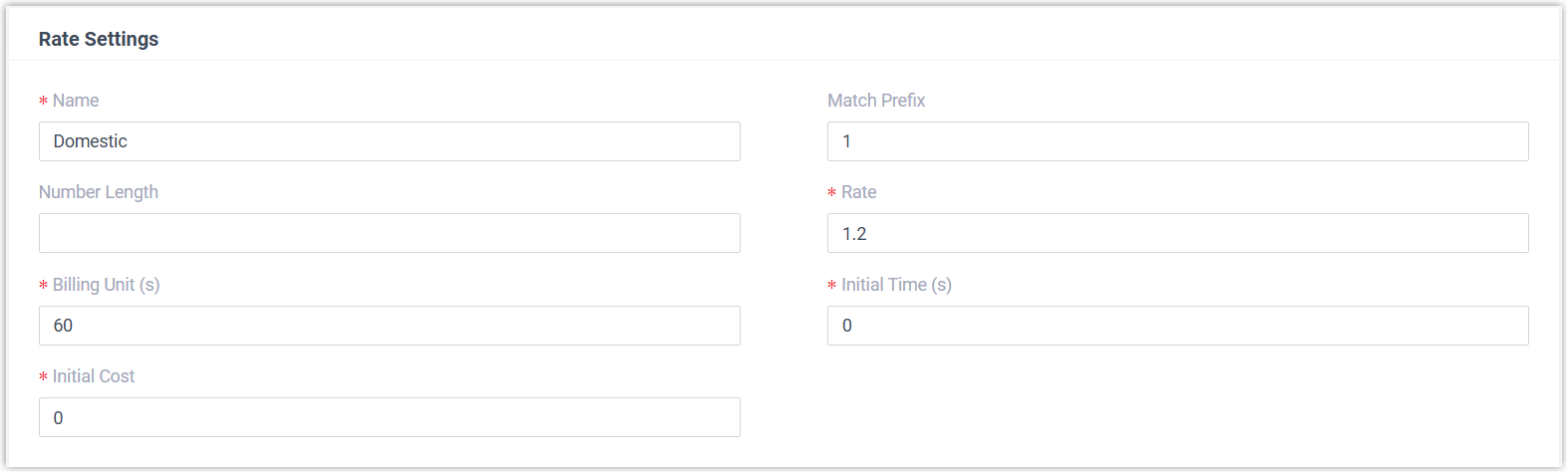 Form for defining a call rate rule with name, matching, rate, and billing fields