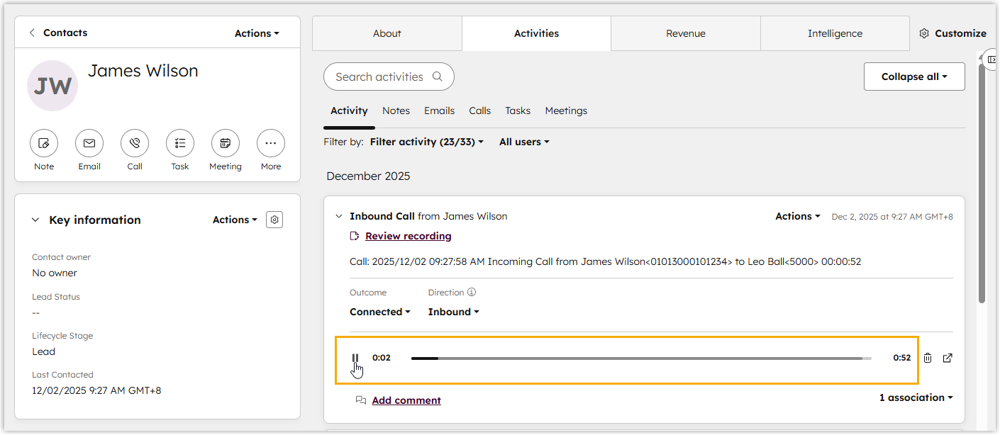 Playing a call recording from within a HubSpot activity