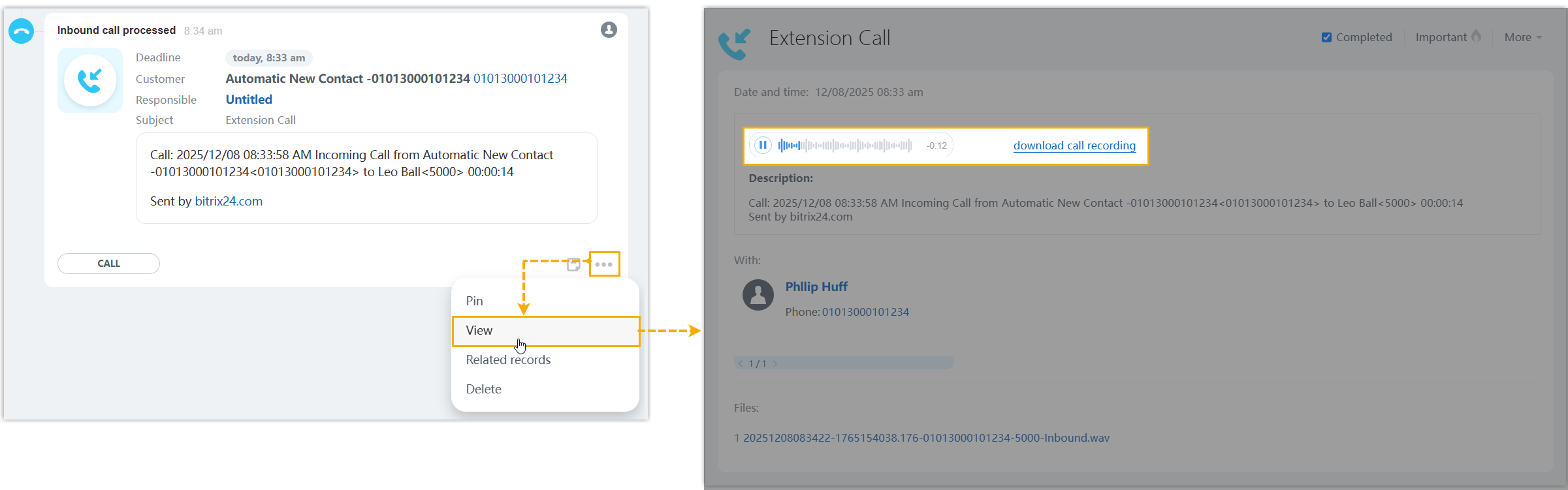 A call recording available for playback inside Bitrix24