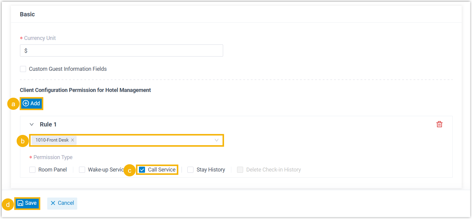 Adding a call service permission rule under Hotel Settings