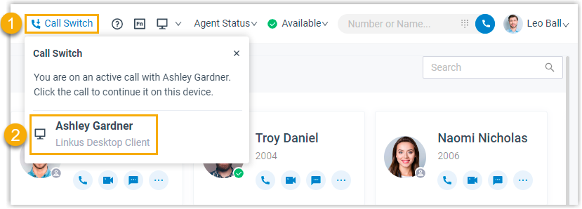 Cloud Voice, the Call Switch control at the top of the Web Client listing a call in progress on another device