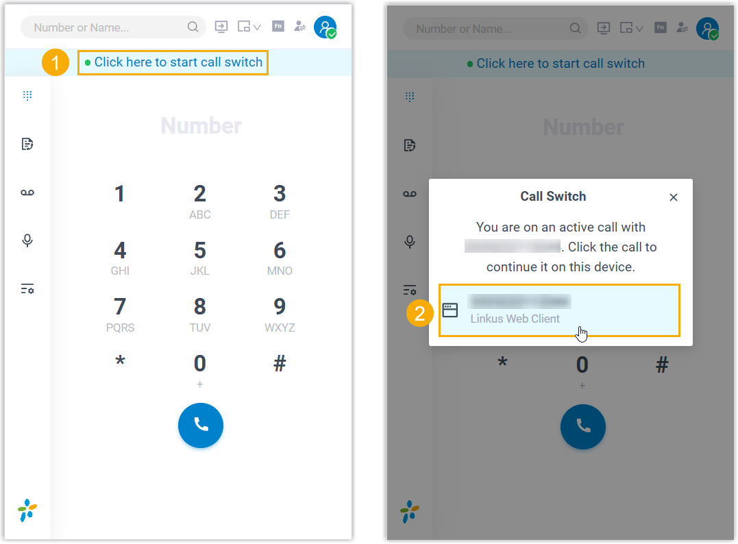Cloud Voice, the Call Switch prompt at the top of the app showing an active call ready to transfer