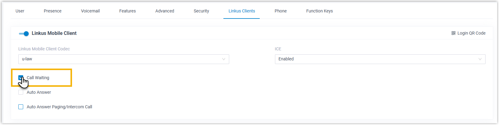 Cloud Voice, the Call Waiting toggle on an extension's app settings