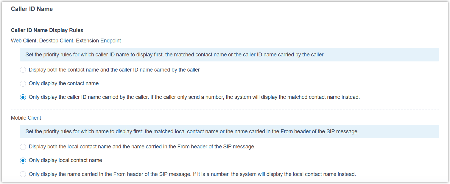 Caller ID name display priority options in PBX Preferences