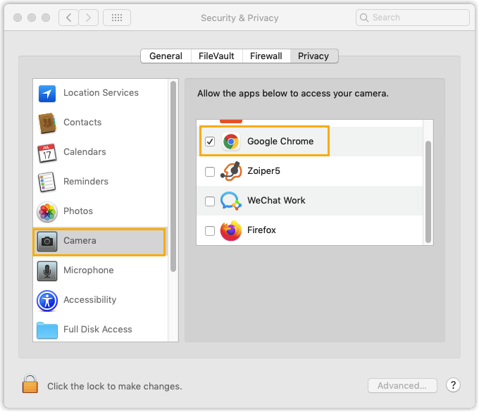 macOS Camera privacy pane with browser checkboxes selected