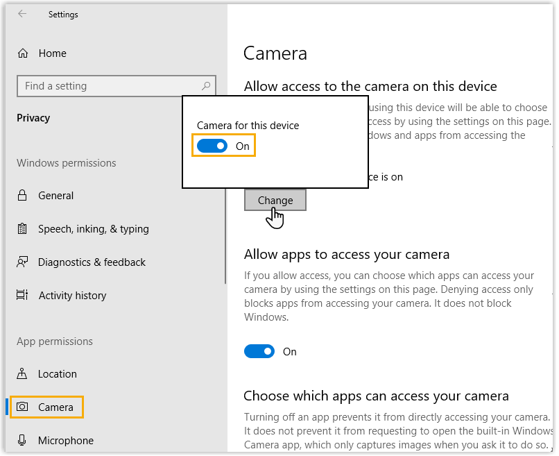 Windows camera access turned on for the device
