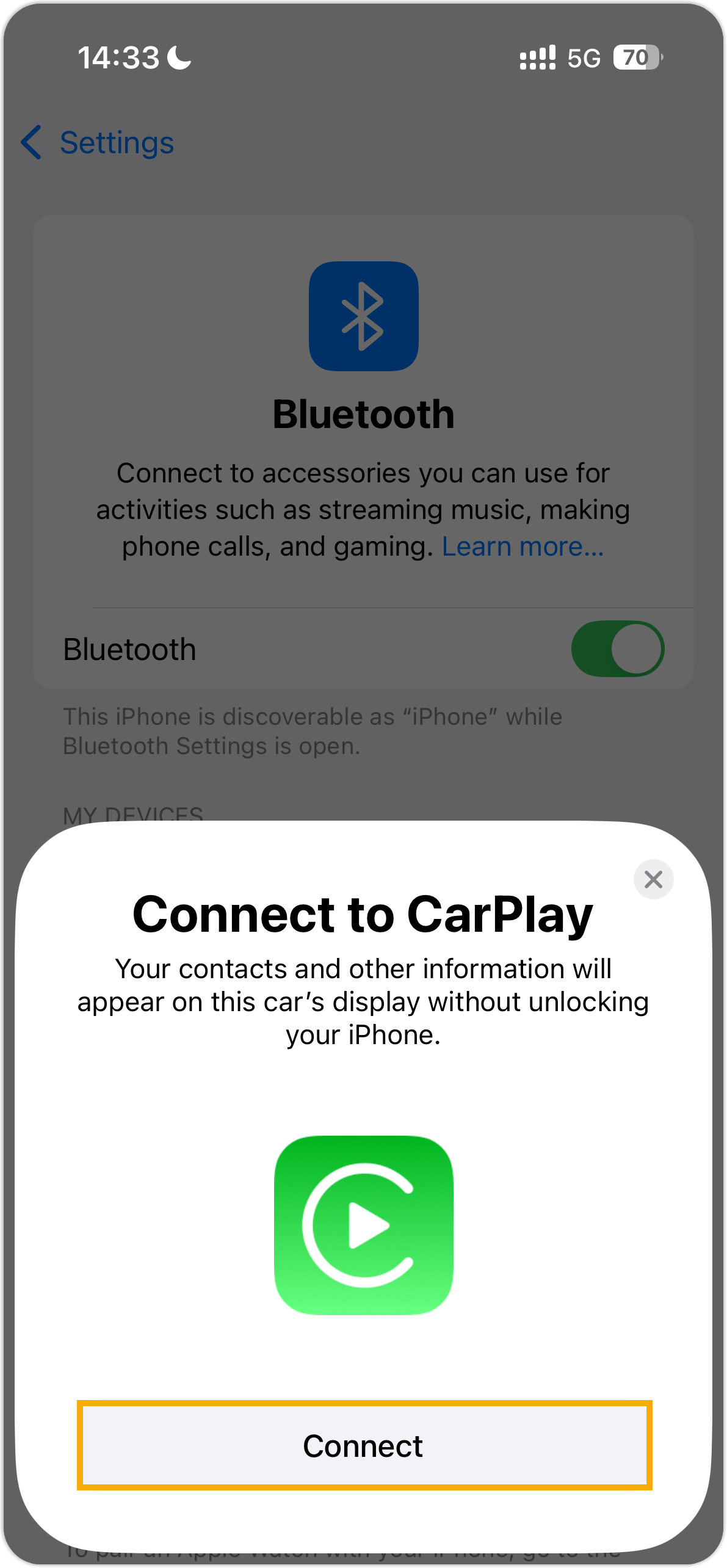 iPhone prompt asking you to confirm the connection to CarPlay