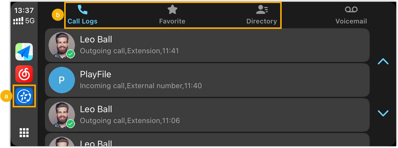 The contact tabs shown on the CarPlay display for placing a call
