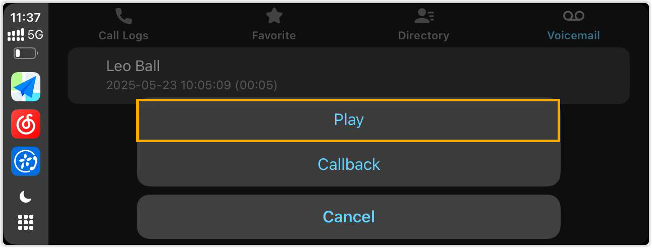 The Play control for a selected voicemail on the CarPlay display