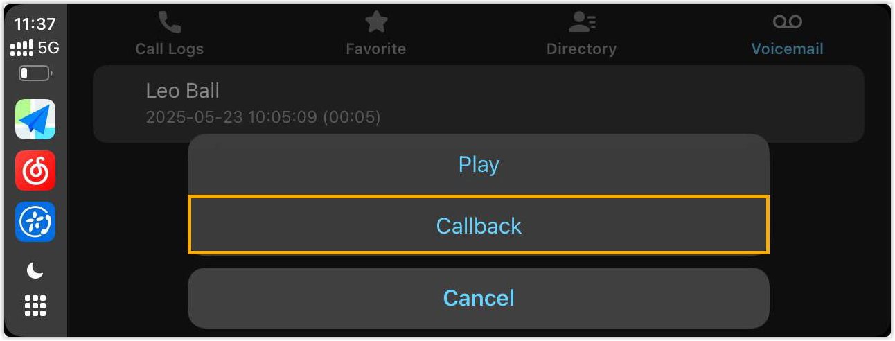 The Callback control for a voicemail entry on the CarPlay display