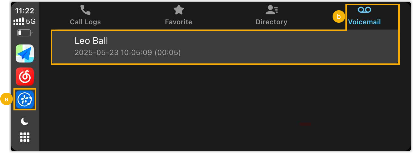 The Voicemail tab on the CarPlay display listing recent messages