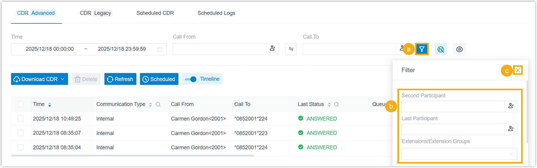 The advanced filter panel with call-leg and attribute options