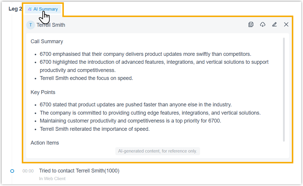 An AI-generated call summary opened from the timeline panel