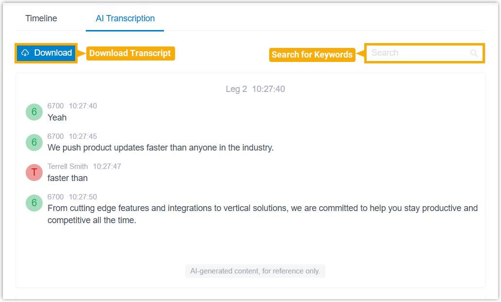 The AI transcription panel showing a searchable transcript of the conversation