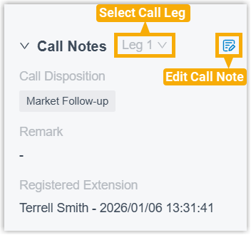 The call notes panel showing disposition, remarks, and the extension that last edited a note