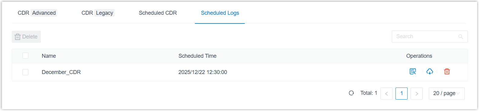 The scheduled logs list with preview and download actions