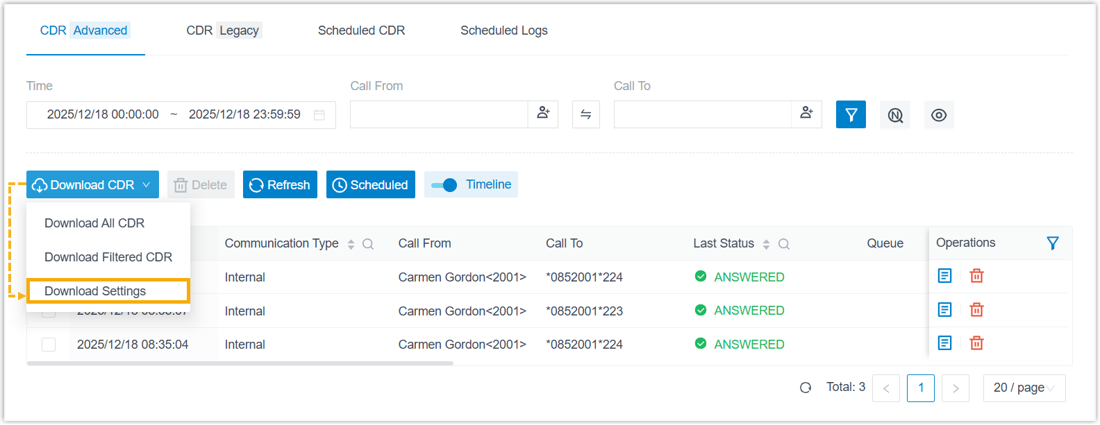 The Download CDR menu expanded with the Download Settings option highlighted