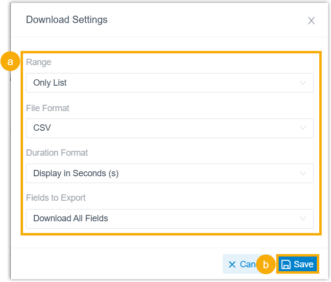 The download settings dialog with options for range, format, duration, and fields