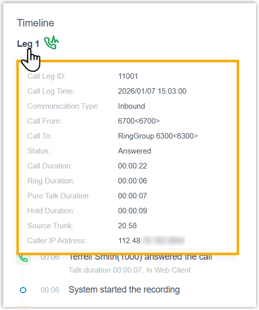 Hovering over a call leg to reveal its metrics