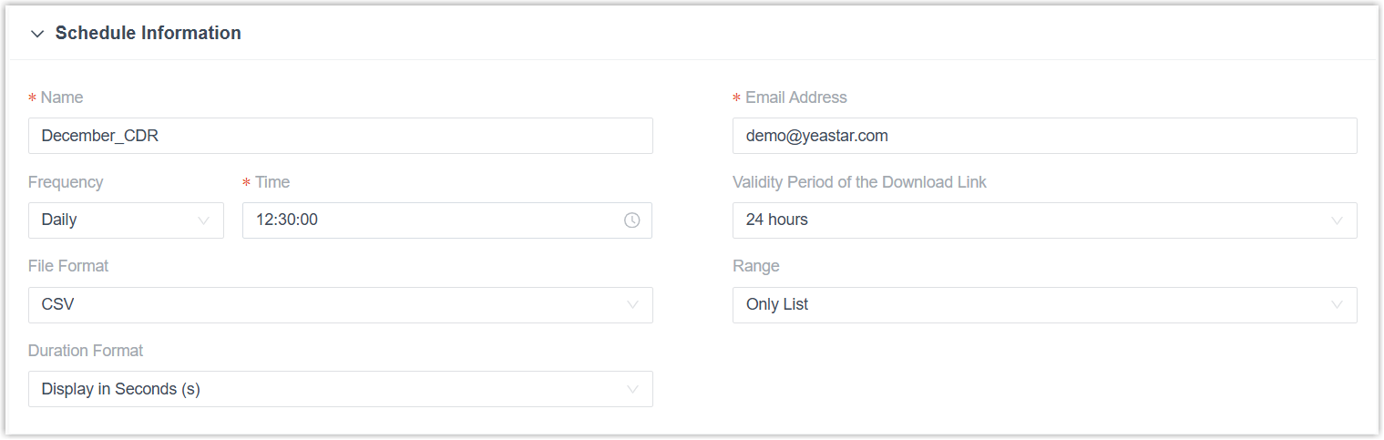 Cloud Voice, schedule information settings for a CDR delivery task