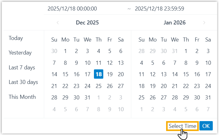 The Select Time control for setting an exact start and end time