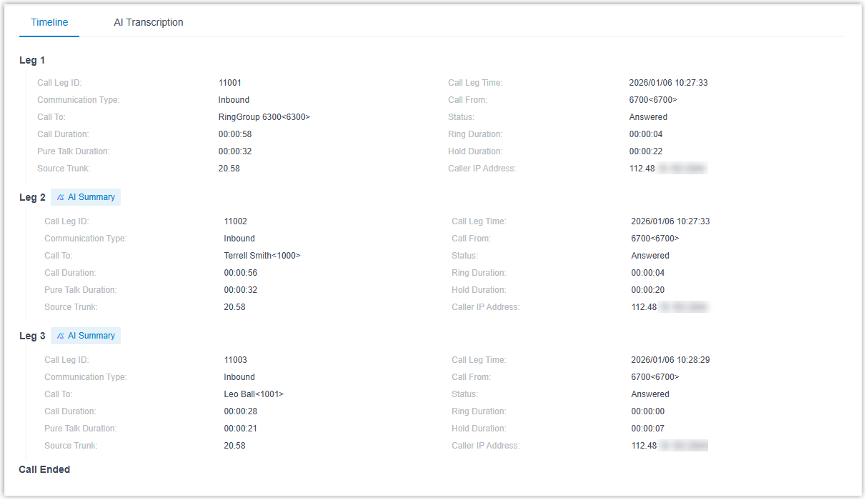 Standard View presenting call-leg metrics in a flat layout