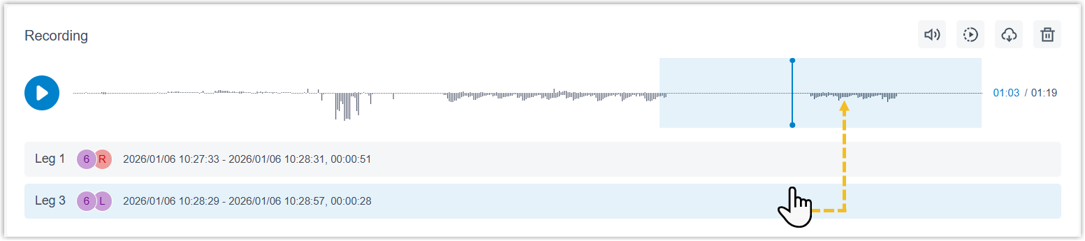 Selecting a call leg to highlight its segment within the recording waveform
