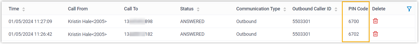 A CDR list distinguishing outbound calls by the individual PIN codes used
