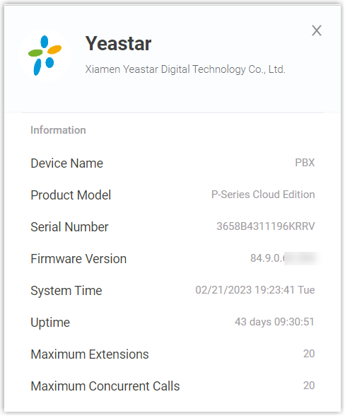 Cloud Voice, basic system details panel