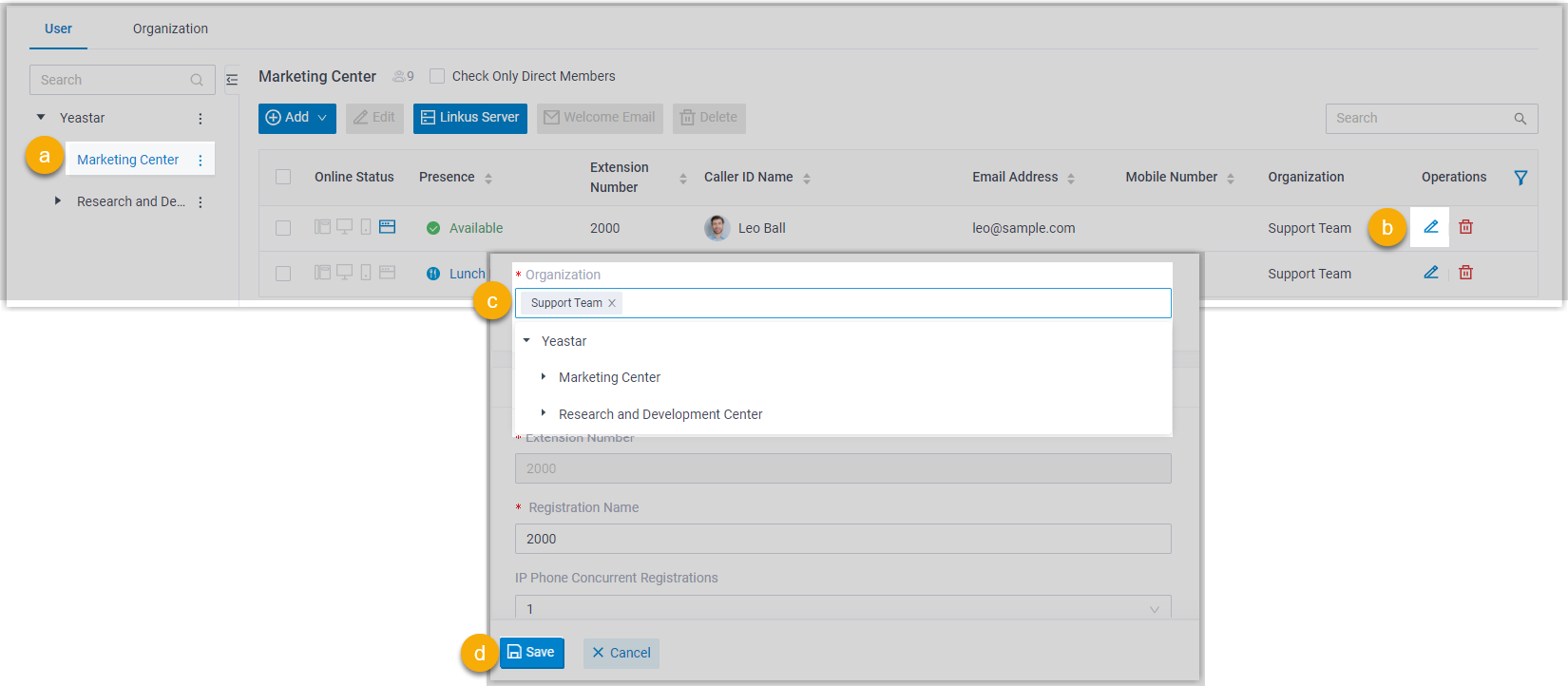 Cloud Voice, editing an extension's Organization field to move it to a new department