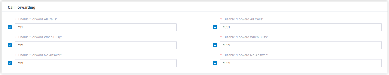 Call forwarding feature codes for enabling and disabling forwarding