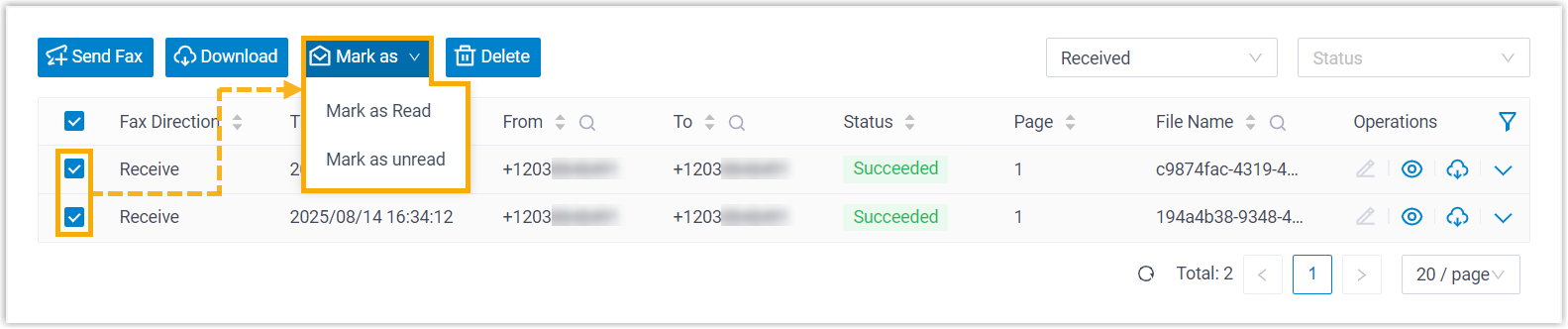 Marking selected inbound faxes as read or unread from the Mark as menu