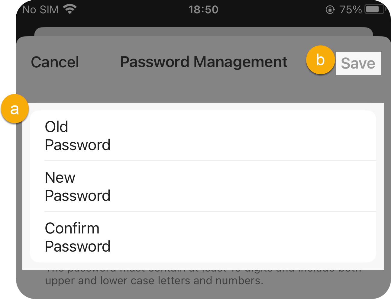 Password Management fields for entering the current and new passwords