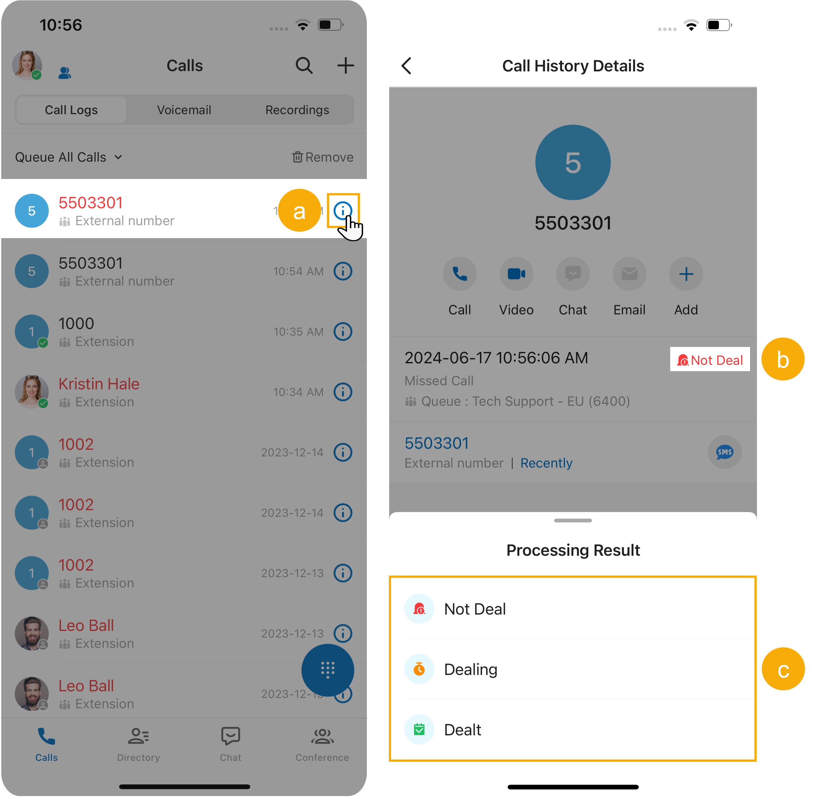 Selecting a new processing status for a missed queue call
