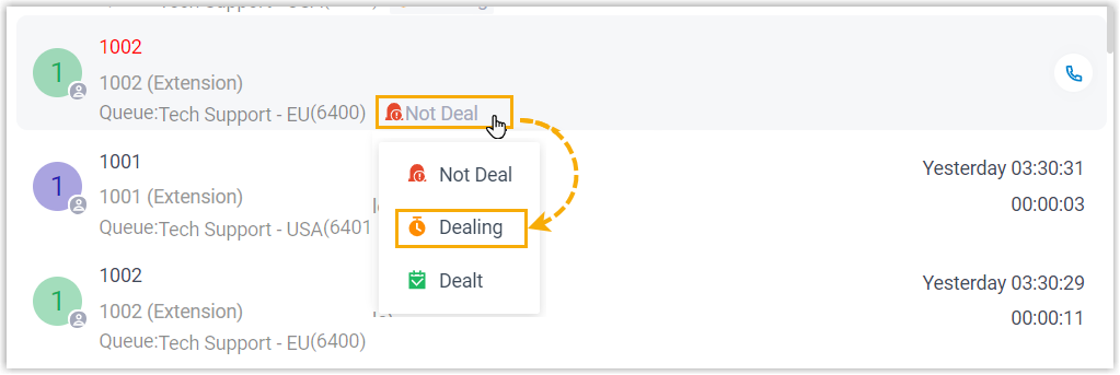 Processing-status drop-down open next to a missed queue call in the desktop app